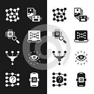 Set Neural network, Processor CPU, Artificial intelligence robot, Funnel filter, AI, and icon. Vector