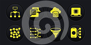 Set Neural network, Processor CPU, Funnel filter, Cloud database, Server, Data, and Algorithm icon. Vector
