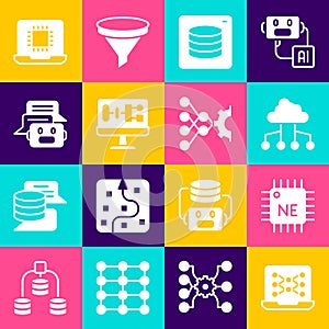Set Neural network, Processor CPU, Network cloud connection, Server, Data, Algorithm, Chat bot, and icon. Vector
