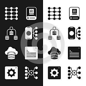 Set Neural network, Server, Data, Artificial intelligence AI, Cloud database, Web developer programming code, and