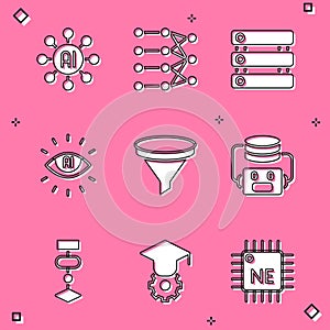 Set Neural network, Server, Data, Artificial intelligence AI, Funnel filter, robot, Algorithm and Graduation cap icon