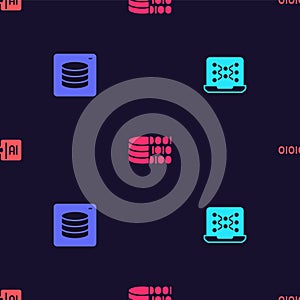 Set Neural network, Server, Data, Binary code and on seamless pattern. Vector
