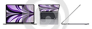 Set of new Apple MacBook Air with M2 chip in space gray color, realistic vector illustration. The MacBook Air is a line