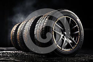 Set of new car tires with sporty rims