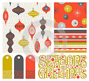 Set of new coordinating holiday seamless patterns, gift tags and design elements for gift wrap, cards and decoration.