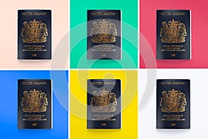set of new post Brexit blue British passports on different backgrounds, Devon United Kingdom January 28 2021