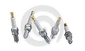 Set of new spark plugs isolated on white photo