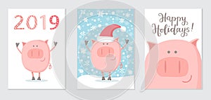 Set of New Year 2019 cards with a happy pig