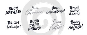Set of New Year and Christmas lettering in Italian. Buon Capodanno! Buon Natale! Drawn with a brush by hand. Elements for the photo
