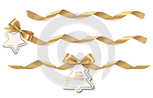 Set of New Year or Christmas Sale tag with gold long ribbon and bow isolated on white background