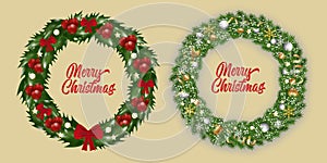 Set New year and Christmas wreath. Traditional garland with snowflakes, ribbons, golden and silver baubles on Christmas tree