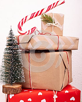 set of new year gifts stacked, Christmas gift boxes with surprise