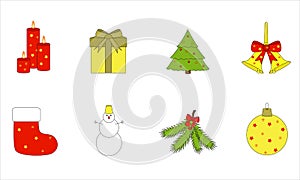Set of New Year vector icons. Color collection of 8 items for design. Elements of winter, New Year and Christmas decor