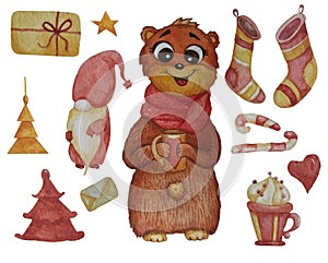 Set of New Years drawings. Watercolor. Cute teddy bear in a scarf and with a mug in its paws, a magic gnome and