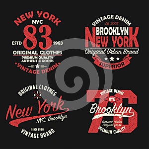 Set of New York, Brooklyn vintage brand graphic for t-shirt. Original clothes design with grunge. Authentic apparel typography.