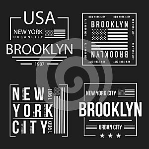 Set of New York City, Brooklyn typography for t-shirt print. American flag in white color. T-shirt graphics