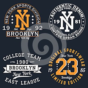 Set of New York graphic for t-shirt. Original clothes design. Vintage typography print for apparel. Vector.