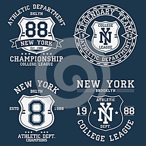 Set of New York, NY vintage graphic for t-shirt. Collection of original clothes design with shield and number. Apparel typography.