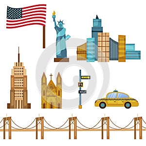 Set Of New York Symbols and Objects With Famous Landmarks. Composition Can be Used for Wrapping Paper, Wallpaper