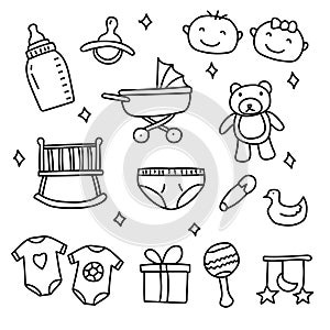 Set of newborn baby doodle vector illustration isolated on white background