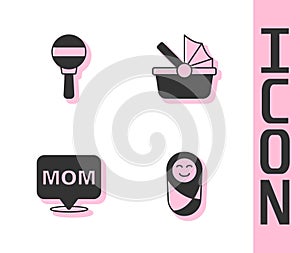 Set Newborn baby infant swaddled, Rattle toy, Speech bubble mom and Baby stroller icon. Vector