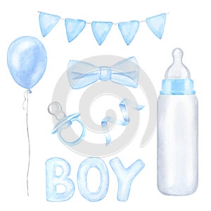 Set for newborn boy, blue flags, milk bottle, pacifier, bow, balloon. Hand drawn watercolor illustration isolated on