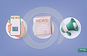 Set of news icons: newspaper, megaphone, news app. News update. News webpage, information about events, activities, company