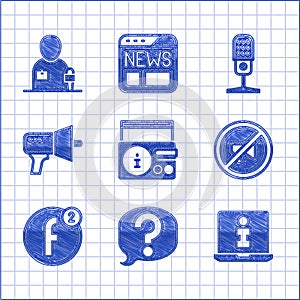 Set News on radio channel, Speech bubble chat, Information, Censored stamp, Create account, Megaphone, Microphone and