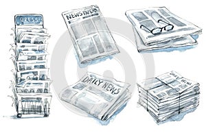 Set of newspapers, press stand watercolor illustration