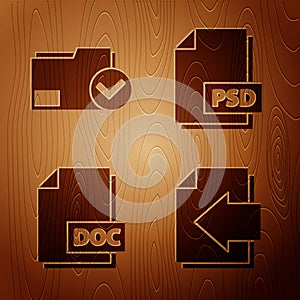 Set Next page arrow, Document folder and check mark, DOC file document and PSD file document on wooden background