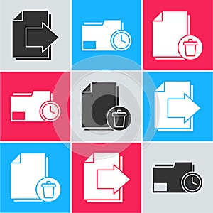 Set Next page arrow, Document folder with clock and Delete file document icon. Vector