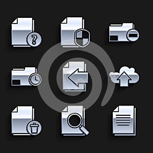 Set Next page arrow, Document with search, Cloud upload, Delete file document, folder clock, minus and Unknown icon