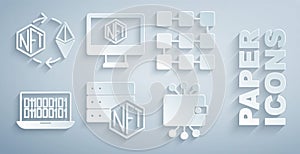 Set NFT blockchain technology, Binary code, Cryptocurrency wallet, Monitor with art store app and Ethereum exchange icon