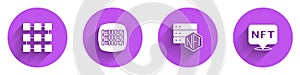 Set NFT blockchain technology, Binary code, and Digital crypto art icon with long shadow. Vector