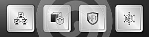 Set NFT blockchain technology, Digital crypto art, shield and icon. Silver square button. Vector