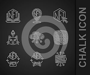 Set NFT cloud, Digital crypto art, Cryptocurrency wallet, Binary code, and Laptop with store app icon. Vector