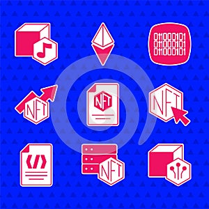 Set NFT contract, blockchain technology, Digital crypto art, Binary code, growth bar chart, and icon. Vector