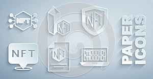 Set NFT contract, shield, Digital crypto art, Binary code, and icon. Vector
