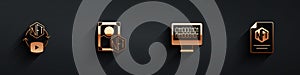 Set NFT Digital crypto art, Binary code and contract icon with long shadow. Vector