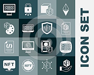Set NFT Digital crypto art, Binary code, contract, and shield icon. Vector