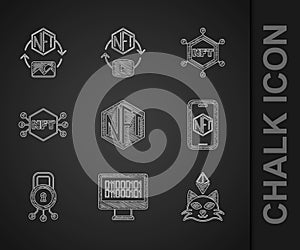 Set NFT Digital crypto art, Binary code, Mobile with store app, Cyber security, blockchain technology and icon. Vector