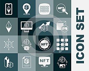 Set NFT Digital crypto art, blockchain technology, Binary code, Monitor with store app, Ethereum ETH, and growth bar