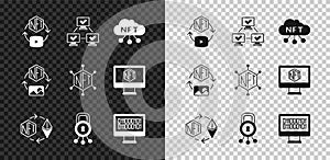 Set NFT Digital crypto art, blockchain technology, cloud, Ethereum exchange, Cyber security, Binary code, and icon