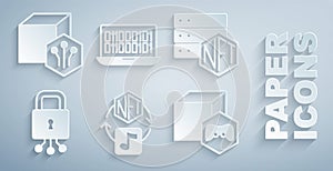 Set NFT Digital crypto art, blockchain technology, Cyber security, Binary code and icon. Vector