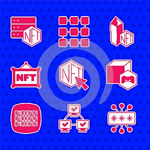 Set NFT Digital crypto art, blockchain technology, Cyber security, Binary code, and icon. Vector
