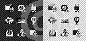 Set NFT Digital crypto art, Cyber security, Laptop with store app, cloud and Binary code icon. Vector