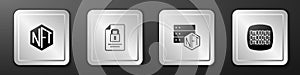 Set NFT Digital crypto art, Document and lock, blockchain technology and Binary code icon. Silver square button. Vector