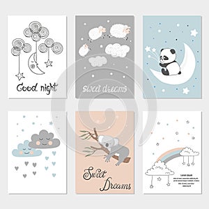 Set of night cards with cute cartoon animals, stars and moon. Posters for baby rooms.