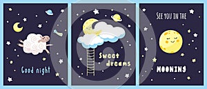 Set of night cards with cute cartoon characters and inscriptions in the starry sky.