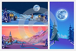 Set night and sunset landscapes with winter city, forest, trees, mountains, starry sky and Moon. Vector illustration